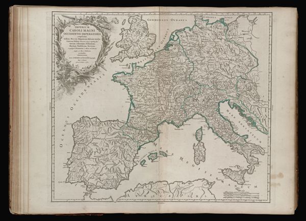 Imperium Caroli Magni occidentis imperatoris complectens Galliam, Marcam Hispanicam, Baleares insulas Corsicam, Italiam Vulturnum usque et Ausidum fluv? Istriam, Liburniam, Dalmatiam, Rhaetiam, Vindeliciam, Noricum, et quidquid Germaniae à Rheno ad Oderam usque et Mare Balticum, protenditur. Autore D. Robert de Vaugondy Geographo regis ordinario Cum privilegio. 1752.