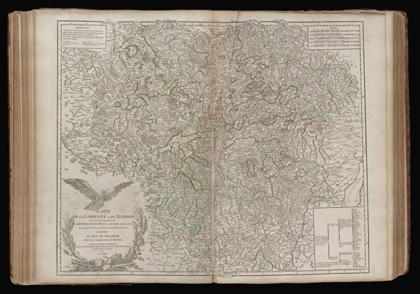 Carte de la Lorraine et du Barrois dans laquelle se trouvent la Généralité de Metz et Autres Enclaves; dressée pour la lecture du mémoire de M. Durival l'ainé, et Dédiée au Roy de Pologne duc de Lorraine et de Bar, par le Sr. Robert de Vaugondy Geog. ord? du Roi, et de sa Majesté Polonse. Associé de l'Acad. Rle. des Sciences et Belles-Lettres de Nancy. 1756. Avec privilege.