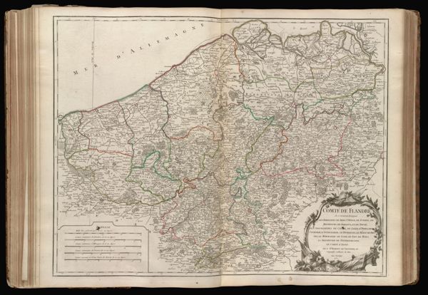 Comté de Flandre où se trouvent distingués les Bailliages de Ber St. Winox, de Furnes, de Bourbourg, de Bailleui, et de Douay, les Chatellenies de Cassel, de Lille, d'Ypres, de Courtray, d' Oudenarde, le Tournesis, le Franc-de-Bruges, le Burgraviat de Gand, le Pays de Waes, la Seigneurie de Dendermonde, le Comté d' Alost. Par le Sr. Robert de Vaugondy fils Geographe ordinaire du Roi. Avec Privilege. 1752.