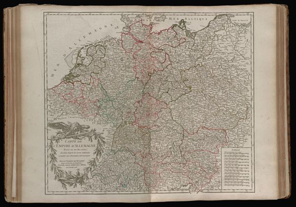 Carte de l'Empire d'Allemagne divisé en ses dix cercles, dessinée d'aprés les cartes nationales assujeties aux observations astronomiques. Par le Sr. Robert de Vaugondy Géogr? ord? du Roi, de l'academie Royale des sciences et Belles-Lettres de Nancy. Avec Privilége 1756.