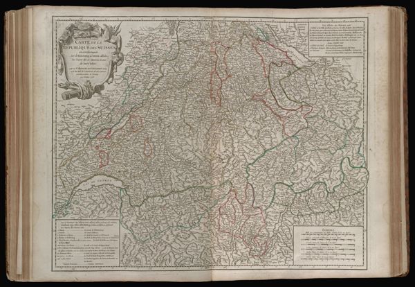 Carte de la republique des Suisses, où sont distingués les 13 cantons et leurs alliés, les sujets deces cantons et ceux de leurs alliés. Par le Sr. Robert de Vaugondy Géog. ord. du Roi, de l'Academie Rle. des Sciences et Belles-Lettres de Nancy. Avec privilege 1756.