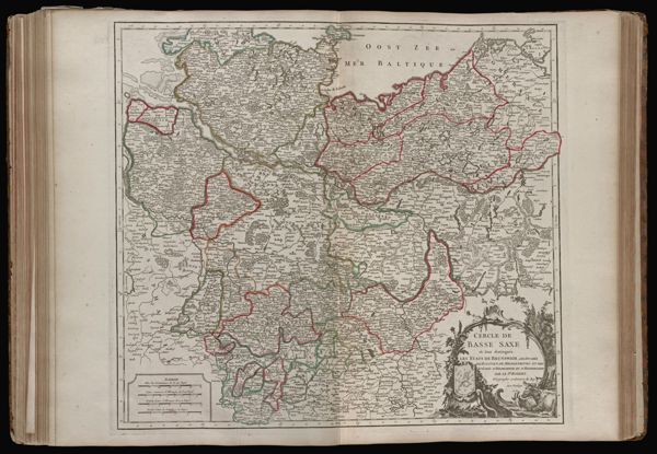 Cercle de Basse Saxe où sont distingués les estats de Brunswich, les Duchés de Holstien, de Mecklenbourg et des Evêchés d'Hildesheim, et d'Halberstadt. Par le Sr. Robert Géographe ordinaire du Roy. Avec Privilege. 1752