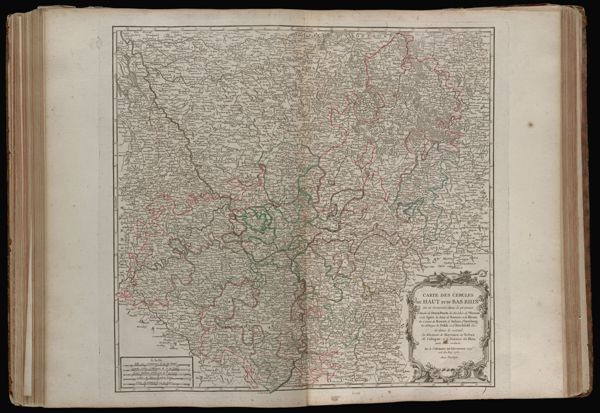 Carte des cercles du Haut et du Bas Rhin òu se trouvent, dans le premier, le Duché de Deux-Ponts, les Evêchés de Worms et de Spire, les Etats de Nassau et de Hesse, les Comtés de Hanaw, de Solms, d'Isenburg, les Abbayes de Fulde et d'Hirchdseld &c. et dans le second, les Electorats de Mayence, de Trêves de Cologne, et le Palatinat du Rhin, avec leurs enclaves. Par le St. Robert de Vaugondy Géog. ord. du Roy 1753. Avec privilege.