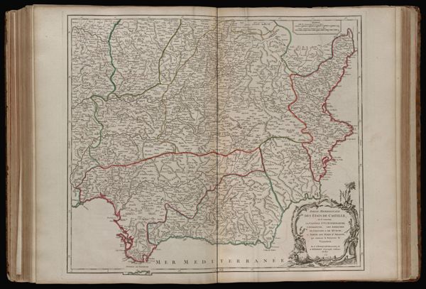 Partie meridionale des etats de Castille, où se trouvent la Castille Nlle., L'Estremadure, L'Andalousie, Les Royaumes de Grenade et De Murcie; et partie des Etats D'Aragon, qui contient le Royaume de Valence. Par le Sr. Robert de Vaugondy fils Mr. Robert Géographe ordinaire. du Roy. 1751.