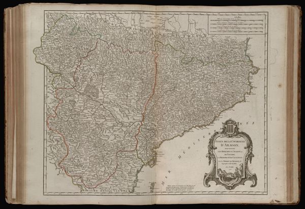 Etats de la Couronne d'Aragon, ou se trouvent les Royaumes d'Aragon et de Navarre la principauté de Catalogne. Par le Sr. Robert de Vaugondy fils Geographe ordin? du Roi. Avec privilége 1752.