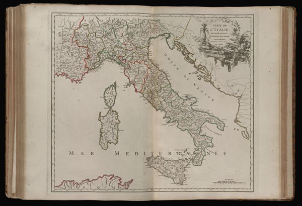 Carte de l'Italie dans laquelle sont tracées les routes des postes Par le Sr. Robert Géographe ordinaire du Roy. Avec privilege. 1756.