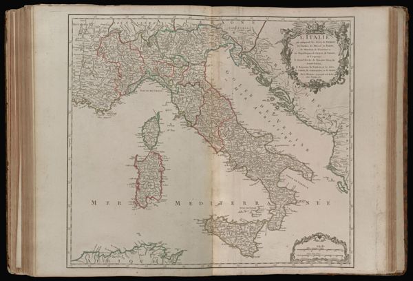 l'Italie qui comprend les etats de Piémont, les Duchés de Milan, de Parme, de Modene, de Mantoue &c. les Républiques de Genes, de Venise, de Luques &c. le grand duché de Toscane, l'etat du Saint-Siége, le Royaume de Naples, et les Isles de Corse, de Sardaigne, et de Sicile. Par le Sr. Robert Géographe ord du Roi. Avec privilege, 1750.