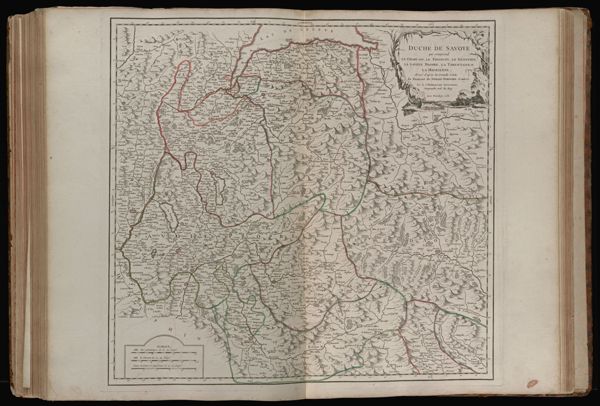 Duché de savoye qui comprend le Chablais, le Fossigny, le Génevois, la Savoye propre, la Tarentaise et la Maurienne; dressé d'après la grande carte de Piemont de Tomaso Borgomo et autres, Par le Sr. Robert de Vaugondy, Geographe ord? du Roy. Avec privilege 1751.