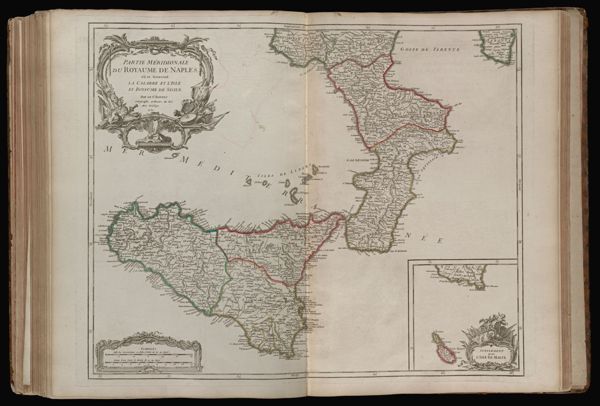 Partie méridionale du royaume de Naples, où se trouvent la Calabre et l'Isle et royaume de Sicile. Par le Sr. Robert Géographe ordinaire du Roi. Avec privilege. 1750.