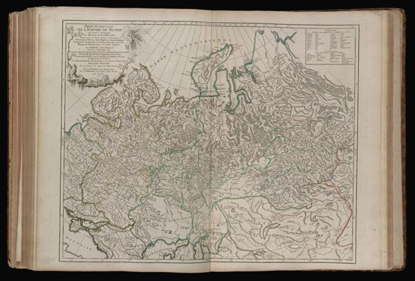 Partie occidentale de l'empire de Russie, où se trouve distinguée la Russie Européenne, divisée par ses Gouvernemens ou Provinces de Dwinskoy, Oloueckoy, Bielozerskoy, Archangel, Nowogrod, Wolockoy, Ustinskoy, Moscow, Kiowie, Bielogorod, Woroneskoy, et la Petite Tartarie, la Partie Asiatique contient les Provinces Berezowskoy, Mangajeiskoy, Wiatka, Solkamskoy, Pelymskoy, Utimskoy, Tobolskoy, Surgutskoy, Jenifeiskoy, Narimskoy, Kuzneckoy, Tomskoy, Krasnojarskoy &c., le Royaume de Kasan, le Gouvernement d'Astrachan et les confins du Royaume des Kalmaks Eleuths. Dressee d'apres les Cartes de l'Atlas Russien, par le Sr. Robert de Vaugondy, fils de Mr. Robert Geographe ordin. du Roi. Avec Privilege. 1750.