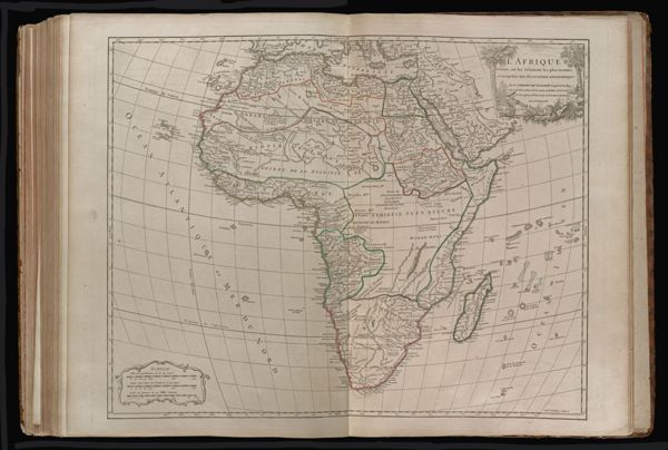 L'Afrique dressée, sur les relations les plus recentes, et assujettie aux observations astronomiques Par le Sr. Robert de Vaugondy Geog? ord? du Roy, de sa M. Polon? Duc de Lorraine et de Bar. et Associé de l'academie Rle. des scien. et B. Lettres de Nancy. Avec privilege 1756.