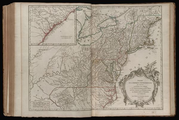 Partie de l'Amerique Septentrionale, qui comprend le cours de l' Ohio, la Nlle. Angleterre, la Nile York, le New Jersey, la Pensylvanie, le Maryland la Virginie, la Caroline. Par le Sr. Robert de Vaugondy Géographe ordinaire du Roi. Avec privilége 1755.