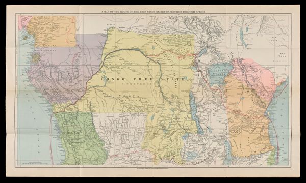 A map of the route of the Emin Pasha relief expedition through Africa.