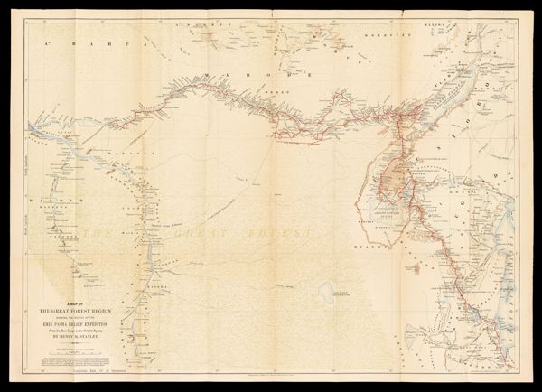 A Map of the Great Forest Region showing the routes of the Emin Pasha Relief Expedition from the River Congo to Victoria Nyanza.