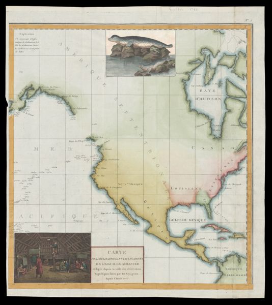 Carte des declinaisons et inclinaisons de l'aiguille aimantee redigee d'apres la table des observations magnetiques faites par les voyageurs depuis l'annee 1775.