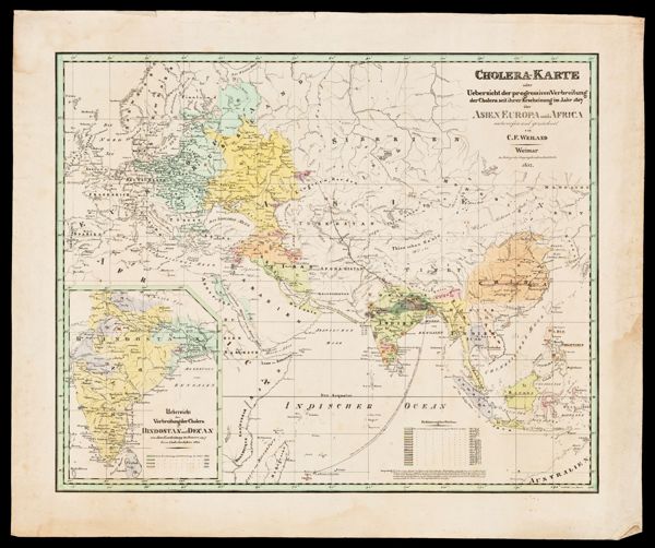 Cholera-karte oder uebersicht der progressiven verbreitung der cholera seithrer erscheinung im Jahr 1817 uber Asien, Europa und Africa entworfen un gezeichnet von C.F. Weiland.