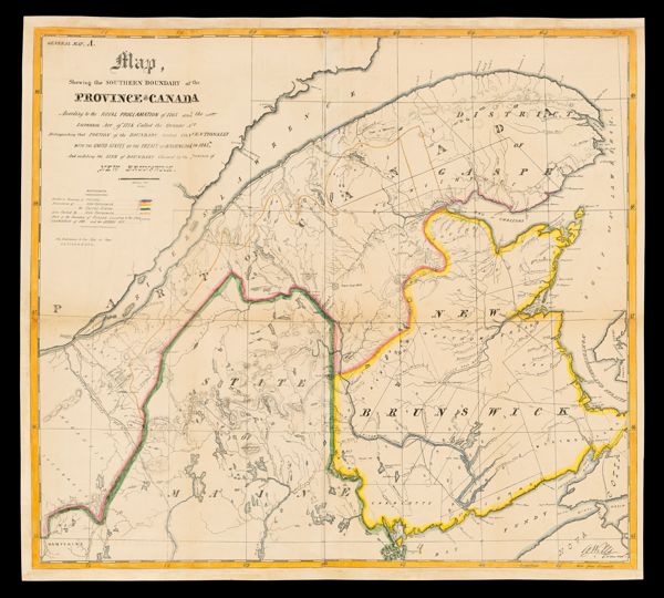 Map shewing the southern boundary of the province of Canada according to the royal proclamation of 1763 and the Imperial Act of 1774 called the Quebec Act distinguishing that portion of the boundary settled conventionally with the United States by the Treaty of Washington in 1842, and exhibiting the line of boundary claimed by the province of New Brunswick.