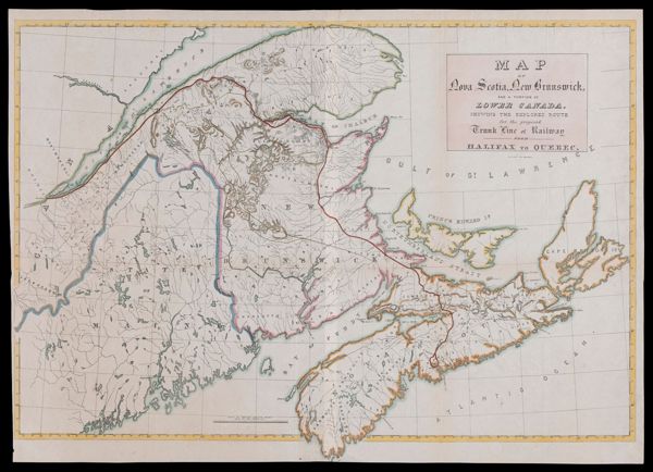 Map of Nova Scotia, New Brunswick, and a portion of Lower Canada showing the explored route for the proposed trunk line of railway from Halifax to Quebec.