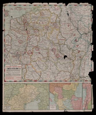 Victory battle map locating the United States Army and her allies : from London, England to Paris, France, and Frankfort, Germany to Basel, Switzerland