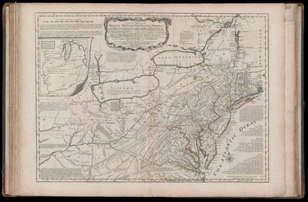 A general Map of the Middle British Colonies in America: viz. Virginia, Maryland, Delaware, Pensilvania, New Jersey, New-York, Connecticut and Rhode-Island: of Aquanishuonigy the Country of the Confederate Indians Comprehending Aquanishuonigy proper, their Places of Residence, Ohio and Thuchsochruntie their Deer Hunting Countries, Couchsachrage and Skaniadarade their Beaver Hunting Countries, Of the Lakes Erie, Ontario and Champlain, Exhibiting the Antient and Present Seats of the Indian Nations...