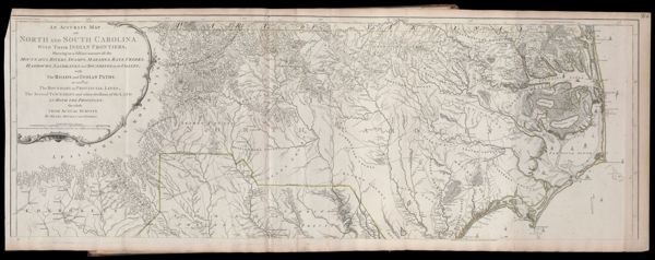 An Accurate Map of North and South Carolina with Their Indian Frontiers, Shewing in a distinct manner all the Mountains, Rivers, Swamps, Marshes, Bays, Creeks, Harbours, Sandbanks and Soundings on the Coasts; with the Roads and Indian Paths; as well as The Boundary or Provincial Lines, The Several Townships and other divisions of the Land in Both the Provinces; the whole from Actual Surveys