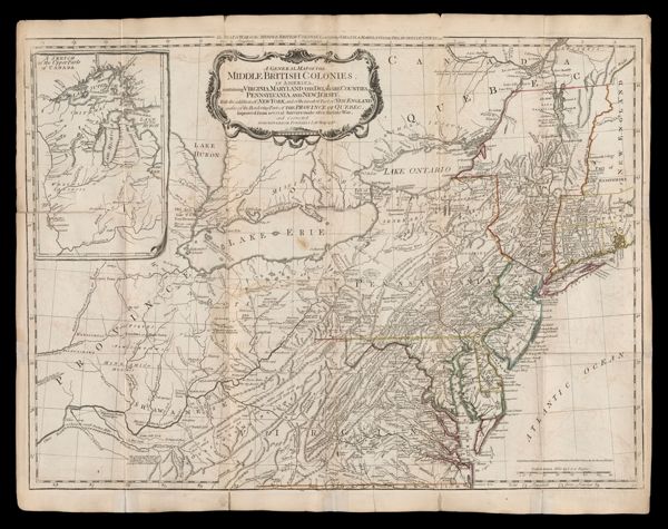 A General Map of the Middle British Colonies in America. Containing Viriginia, Maryland, the Delaware Counties, Pennsylvania and New Jersey. With the addition of New York and the Greatest part of New England as also of the Bordering Parts of the Province of Quebec, improved from several Surveys made after the late War.