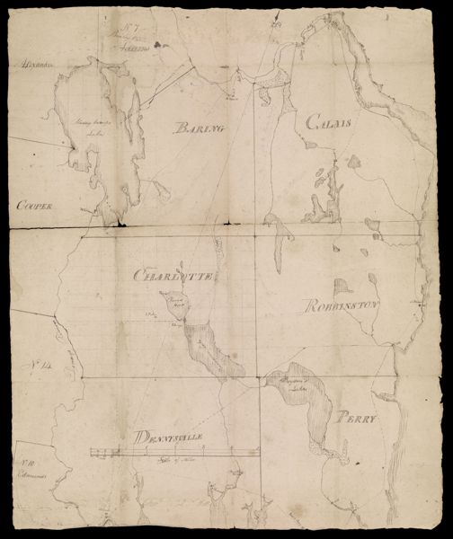 [Manuscript key map of Washington County, showing towns of Alexander, Baileyville, Cooper, Baring, Calais, Charlotte, Robbinston, Dennysville, Perry]