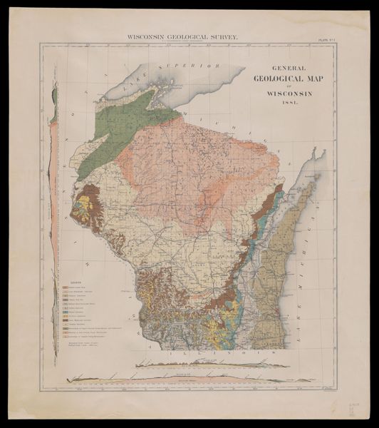 Two maps: General Geological Map of Wisconsin (1881) / Triangulation in Wisconsin (1879)