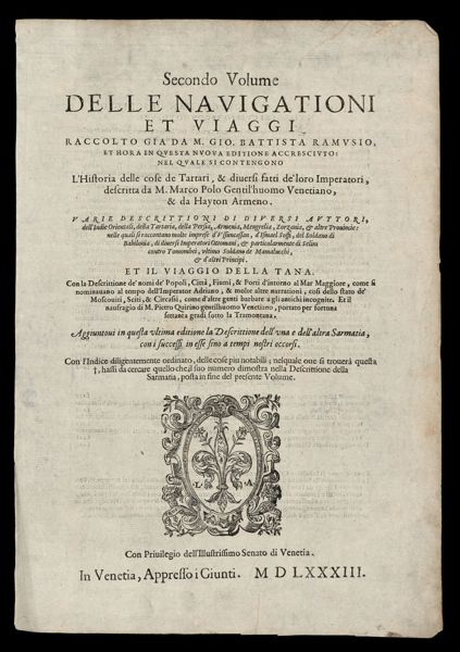 [TITLE PAGE] Secondo Volume, Delle navigationi et viaggi