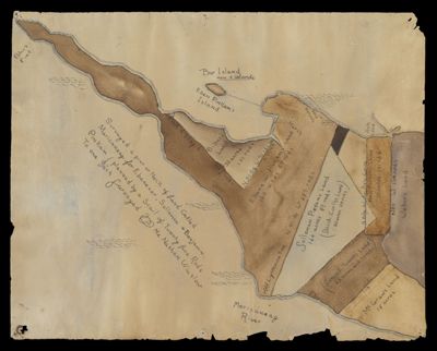 Surveyed at pint [sic] of neck of land called Mericaneag for Ebenezer, Solloman and Benjamin Pinkam planned by a scale of twenty-five rods to one inch Surveyed Mr. Nathan Wilson [19th Century copy]