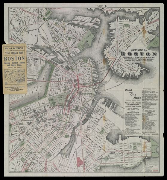 New map of Boston giving all points of interest : with every railway & steamboat terminus, prominent hotels theatres & public buildings