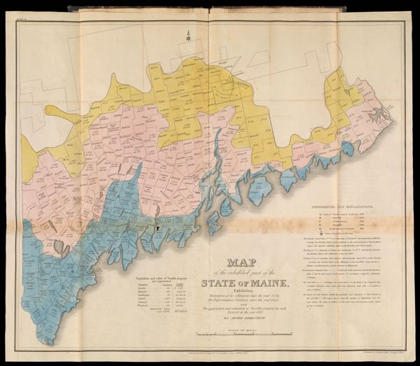 Map of the inhabited part of the state of Maine, Exhibiting - The progress of its settlement since the year 1778. The Representative Districts since the year 1820. and The population and valuation of Taxable property in each district at the year 1820. By Moses Greenleaf.