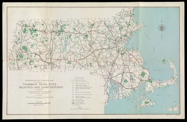 Massachusetts tourist map showing tourways, picnic sites, beaches, and camp grounds