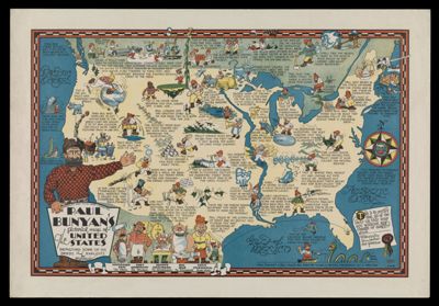 Paul Bunyan's Pictorial Map of the United States Depicting Some of His Deeds and Exploits