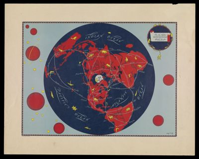 Our New Neighbors: Projected Global Air Routes showing Great Circle Mileages between Important Cities of the World.