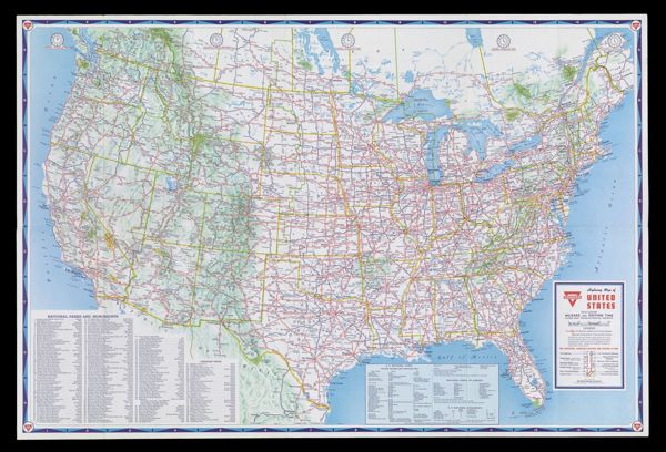 Conoco Highway Map of United States featuring mileage and driving time along main transcontinental highways.