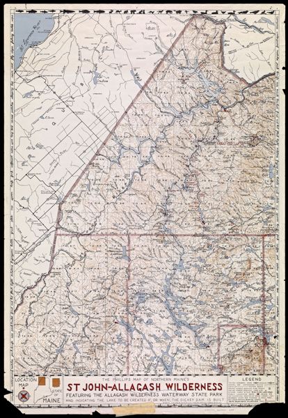 The Phillips Map of Northern Maine's St. Johns-Allagash Wilderness featuring the Allagash Wilderness Waterway State Park and indicating the lake to be created if, or when, the Dickey Dam is built