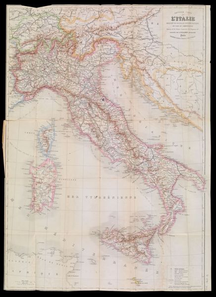 Nouvelle Carte de l'Italie indiquant ses nouvelle divisions politiques, ses voies de communication, chemins de fer, routes et parcours de Paqubots &a.