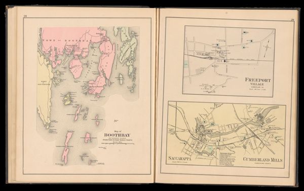 Map of Boothbay and adjacent islands. Drawn from U.S. coast survey charts. / Freeport Village, Cumberland Co. / Saccarappa & Cumberland Mills, Cumberland County.