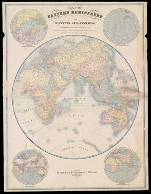 Map of Eastern Hemisphere with four globes, showing north and south circumpolar area. Also rain-fall, winds, vegetable products, animal life, etc., in different sections of the earth