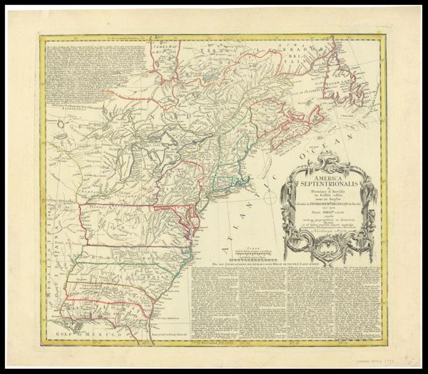 America Septentrionalis a Domino d'Anville in Galliis edita nunc in Anglia. Coloniis in interiorem Virginiam deductis nec non Fluvii Ohio cursu aucta notisque geographicis et historicis illustrata et ad bellum praesentis temporis accomodata. Sumptibus Homannianorum Heredum