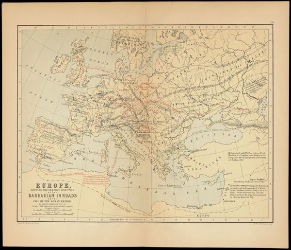 Europe showing the general direction of the Barbarian inroads on the fall of the Roman Empire