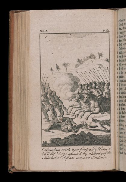 Columbus with 200 foot 20 Horse & 20 Wolf Dogs assisted by a Body of the Islanders defeats 100,000 Indians.