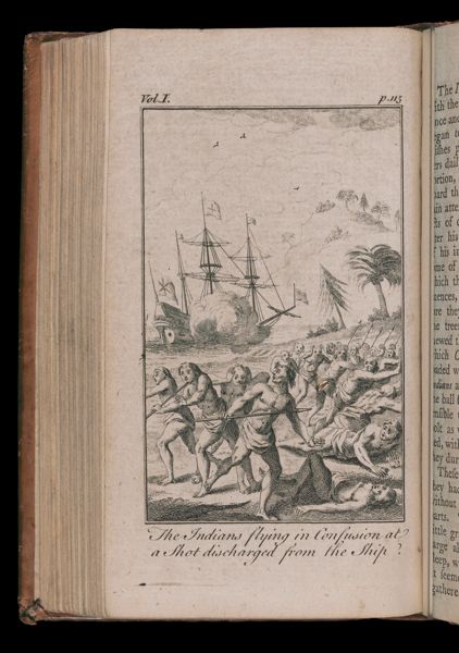 The Indians flying in Confusion at a Shot discharged from the Ship.