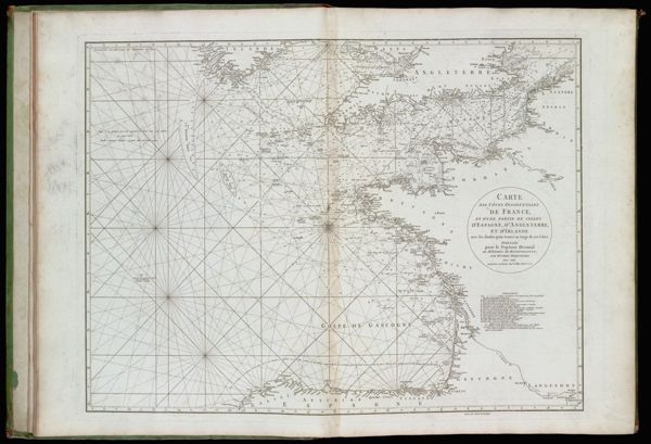 Carte des cotes occidentales de France, et d'une partie de celles D'Espagne, D'Angleterre, et D'Irlande. Avec les sondes qu'on trouve au large de ces Cotes. Dressee pour le Neptune Oriental de Mr. D'Apres de Mannevillette, par Mr. Labbe Discuemare son ami. de plusieurs Academies. Prof. de Phys. Exper. &c. &c.