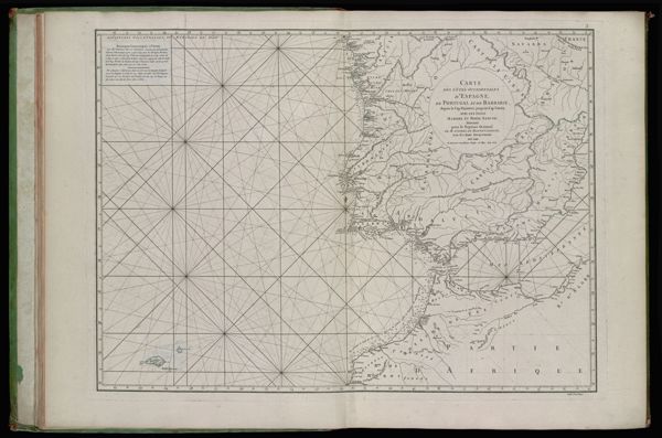 Carte des cotes occidentales d'Espagne, de Portugal et de Barbarie, depuis le Cap Finisterre jusqu'au Cap Cantin. Avec les isles Madere et Porto Sancto. Dressee pour le Neptune Oriental de M. D'Apres de Mannevillette, par M. L'Abbe Dicquemare son Ami. de plusieurs Academies, Profes. de Phys. Exp. &. &.