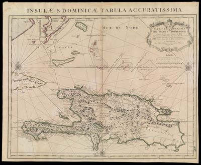 Carte de l'Isle de Saint Domingue dresse en 1722 pour l'usage du Roy sur les memoires de Mr. Frezier ingenieur de S.M. et autres assujettis aux Observations Astronomiques par G. de l'Isle premier Geographe du Roy de l'Academie Rle. des Sciences, a Amsterdam Chez Jean Covens et Corneille Mortier, Geographes.