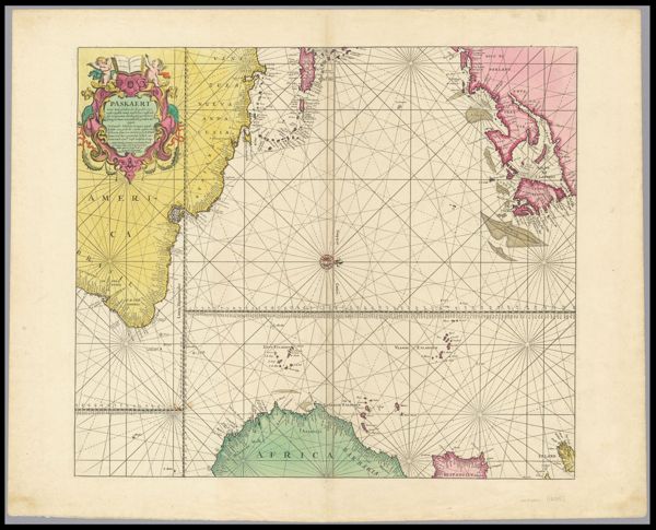Paskaert waer in de graden der breedde over weder zyden vande middellyn wassende soo vergrooten, dat die geproportioneert syn tegen hunne nevenstaende graden der lengde. Vertonende (behalven Europaes zuydelyckste) een gedeelte van de custen van Africa en America, in 't Octroy by de H.M.H. Staten Genl. der vereenichde Nederl. verleent aende Genle. West-Indische Comp