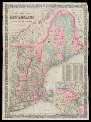 G. Woolworth Colton's Railroad, township & distance map of New England with adjacent portions of New York, Canada & New Brunswick