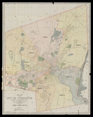 Map of the city of Worcester compiled from surveys by the engineering department.